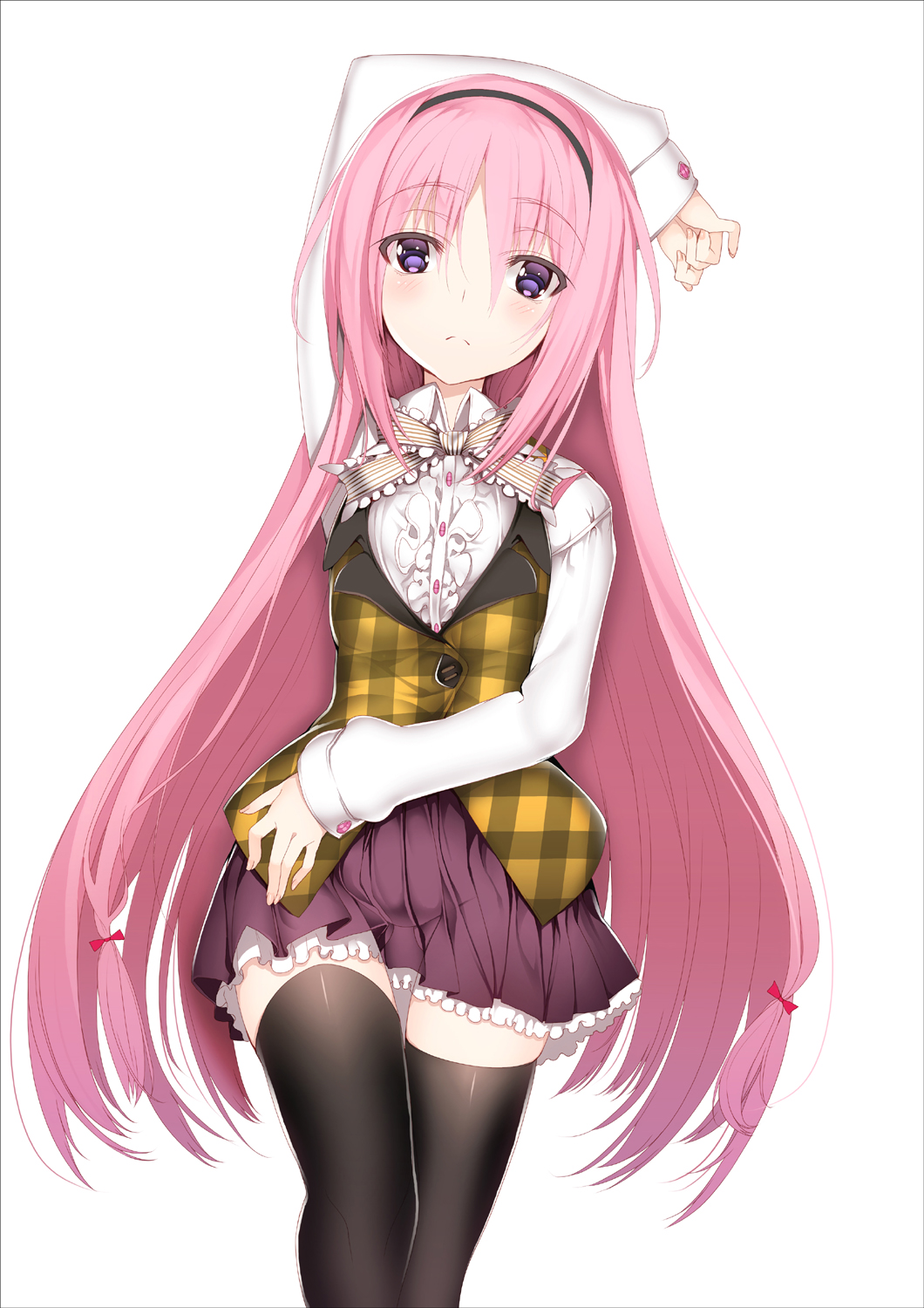 1girl arm_up black_thighhighs bow char female_focus hair_bow hairband highres long_hair looking_at_viewer original pink_hair plaid purple_eyes simple_background skirt solo thighhighs white_background