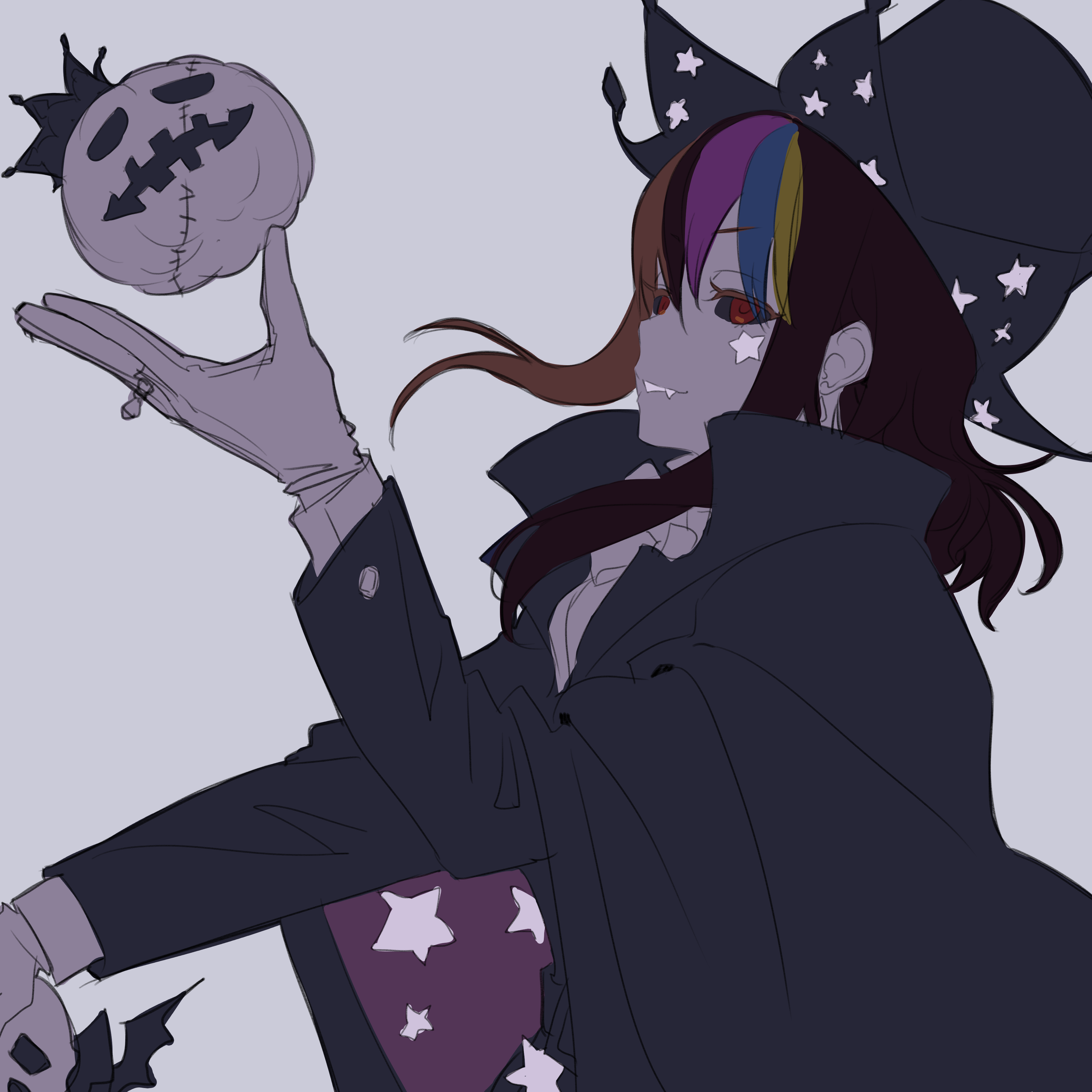 1girl absurdres bat_wings black_cloak black_headwear black_sclera brown_eyes brown_hair cloak colored_sclera commentary galaco galaco_(neo) gloves grey_background half-closed_eyes halloween highres jack-o'-lantern jewelry medium_hair multicolored_hair red_eyes ring sharp_teeth sketch smile solo star_tattoo stitches streaked_hair tarokazu tattoo teeth vocaloid white_gloves wings