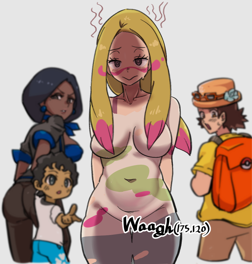 2boys 2girls :o blonde_hair blurry blurry_background bodypaint breasts bright_pupils closed_mouth commentary convenient_censoring dark-skinned_female dark_skin exhibitionism eyelashes gigobyte350 grey_eyes long_hair looking_back mina_(pokemon) multicolored_hair multiple_boys multiple_girls navel nintendo nude paint_on_body paint_splatter paint_splatter_on_face painted_clothes parted_lips pink_hair pointing pokemon pokemon_sm public_indecency sightseer_(pokemon) smile two-tone_hair veteran_(pokemon) youngster_(pokemon)
