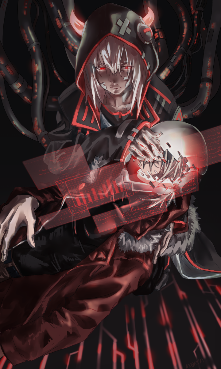 2boys black_background black_jacket cable closed_eyes collarbone cytus cytus_ii dark-skinned_male dark_skin eyes_visible_through_hair fingernails fur-trimmed_jacket fur_trim glitch glowing glowing_eyes grey_hair hair_between_eyes half-closed_eyes highres holding holding_person hood hood_up hooded_jacket horns horns_through_headwear ivy_(cytus) jacket long_sleeves looking_at_another momomogeta multiple_boys open_clothes open_jacket parted_lips red_jacket sleeves_past_wrists white_hair