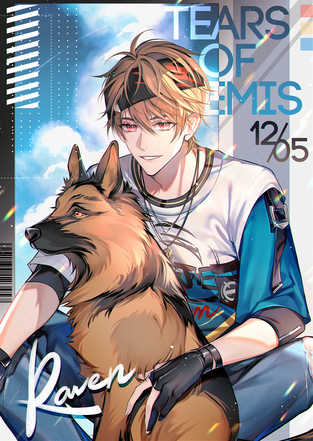 1boy barcode black_gloves black_headband blue_pants blue_shirt brown_hair chinese_commentary cloud copyright_name dated day denim dog feet_out_of_frame german_shepherd gloves grey_background hair_between_eyes headband highres jeans jewelry layered_sleeves looking_at_viewer luke_pearce_(tears_of_themis) male_focus orange_eyes pants parted_lips partially_fingerless_gloves pendant print_shirt refraction s_(olath) shirt short_hair short_sleeves smile solo squatting t-shirt tears_of_themis three-quarter_sleeves torn_clothes torn_jeans torn_pants two-tone_shirt white_shirt