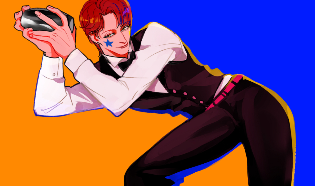 1boy barista cup facepaint hair_down hisoka_morow holding holding_cup hunter_x_hunter kilva_lollop long_sleeves makeup male_focus red_hair simple_background smile solo vest yellow_eyes