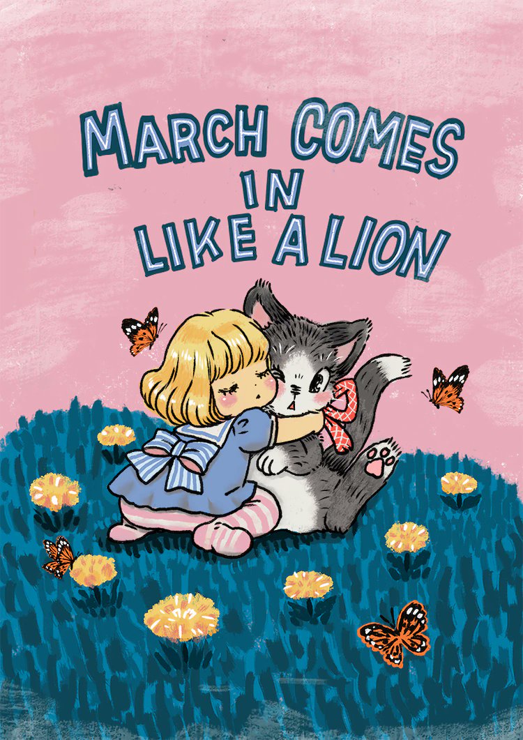 1girl animal animal_hug back_bow blonde_hair blue_shirt blush_stickers bob_cut bow bug butterfly cat child closed_eyes copyright_name dot_nose facing_viewer field flower flower_field full_body grass hug insect kawamoto_momo no_shoes orange_flower oversized_animal pantyhose parted_lips pink_background pink_pantyhose puffy_short_sleeves puffy_sleeves sailor_collar sangatsu_no_lion shirt short_sleeves simple_background sitting solo striped_bow striped_clothes striped_pantyhose umino_chika white_sailor_collar
