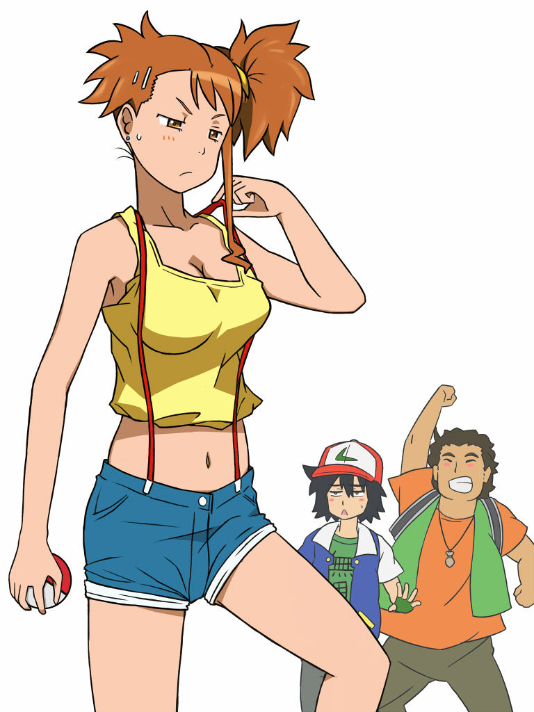 1girl 2boys anjou_naruko ano_hi_mita_hana_no_namae_wo_bokutachi_wa_mada_shiranai. ash_ketchum ash_ketchum_(cosplay) asymmetrical_hair baseball_cap black_hair breasts brock_(pokemon) brock_(pokemon)_(cosplay) brown_hair closed_eyes cosplay fingerless_gloves frown gloves grin hat hisakawa_tetsudou holding holding_poke_ball jacket medium_breasts midriff misty_(pokemon) misty_(pokemon)_(cosplay) multiple_boys nintendo oniyan orange_eyes orange_hair parody poke_ball pokemon pokemon_(anime) pokemon_(classic_anime) shorts side_ponytail simple_background smile suspenders thighs white_background yadomi_jinta