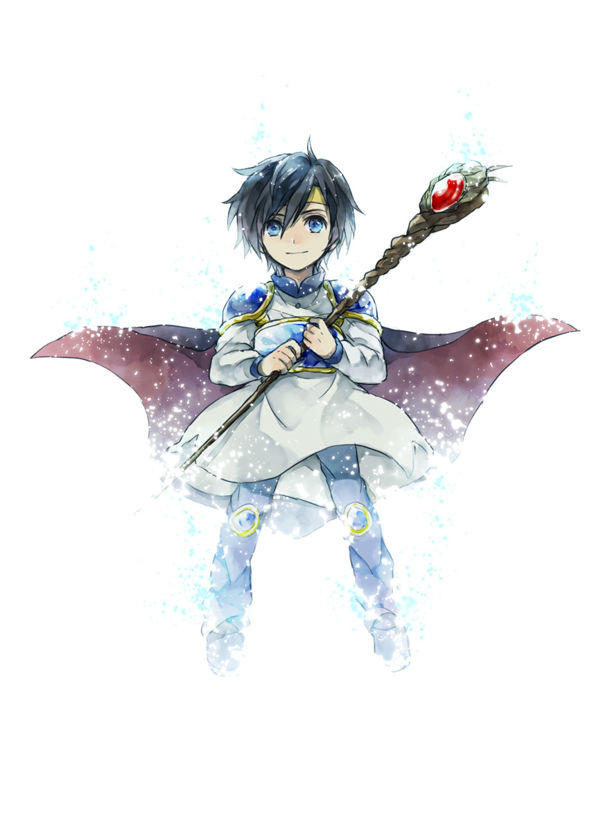1boy armor black_hair blue_eyes cape closed_mouth full_body hairband hana_(mew) headband highres holding holding_staff lagnus_the_brave light_particles long_sleeves male_focus puyopuyo short_hair shoulder_armor solo staff white_background yellow_headband
