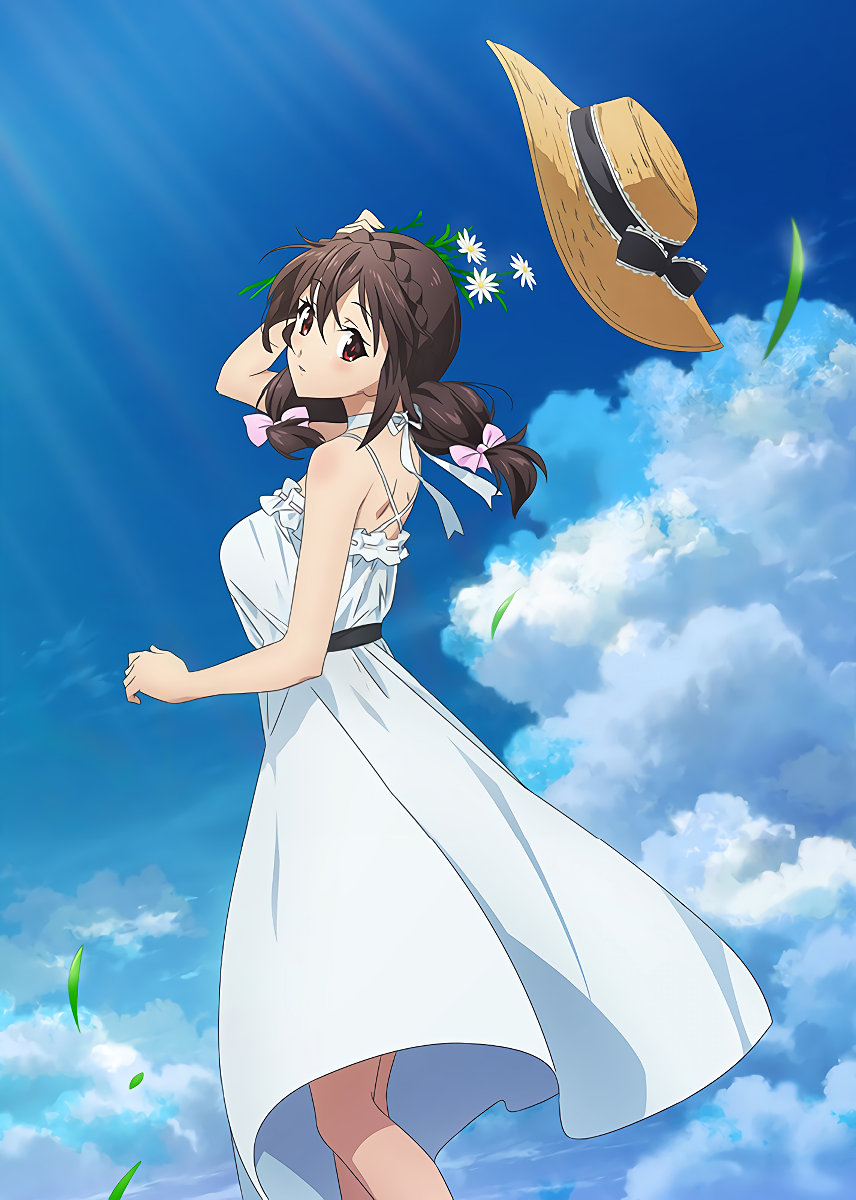1girl adjusting_hair artist_request bare_arms bare_shoulders belt black_belt black_bow black_ribbon blade_of_grass blue_sky bow braid breasts brown_hair casual cloud crown_braid curled_fingers daisy_(flower) dress expressionless falling_leaves feet_out_of_frame floating_clothes flower frilled_dress frills from_side hair_between_eyes hair_bow hair_strand hand_to_head hand_up hat hat_bow highres holding holding_flower kono_subarashii_sekai_ni_bakuen_wo! kono_subarashii_sekai_ni_shukufuku_wo! large_breasts leaf light_rays long_hair looking_at_viewer looking_to_the_side low_twintails neck_ribbon non-web_source official_art outdoors pink_bow promotional_art raised_eyebrows red_eyes red_pupils ribbon sidelocks sky sleeveless sleeveless_dress solo spaghetti_strap standing straw_hat sun_hat sunbeam sundress sunlight twintails unworn_hat unworn_headwear white_dress white_flower white_ribbon wind wind_lift yunyun_(konosuba)