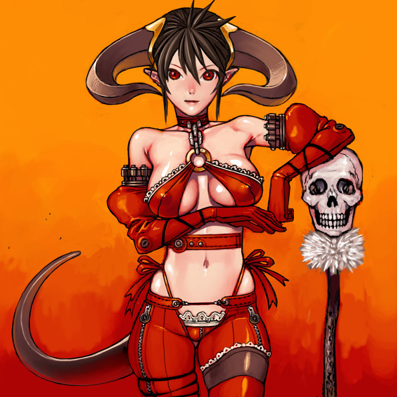 1girl bare_shoulders black_hair breasts choker cleavage covered_erect_nipples demon_girl detached_sleeves elbow_gloves fantasy_masters female_focus gloves horns kdog large_breasts midriff navel pointy_ears red_eyes skull solo tail