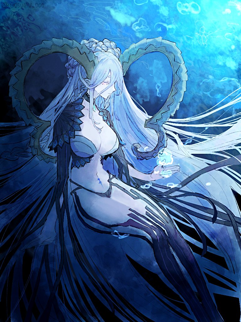 1girl air_bubble blue_hair braid breasts bubble choker cleavage curled_horns fate/grand_order fate_(series) gosumu_000 hair_between_eyes horns large_breasts long_hair navel pink_eyes pubic_tattoo shrug_(clothing) smile solo tattoo tiamat_(fate) tiamat_(third_ascension)_(fate/grand_order) underwater very_long_hair water