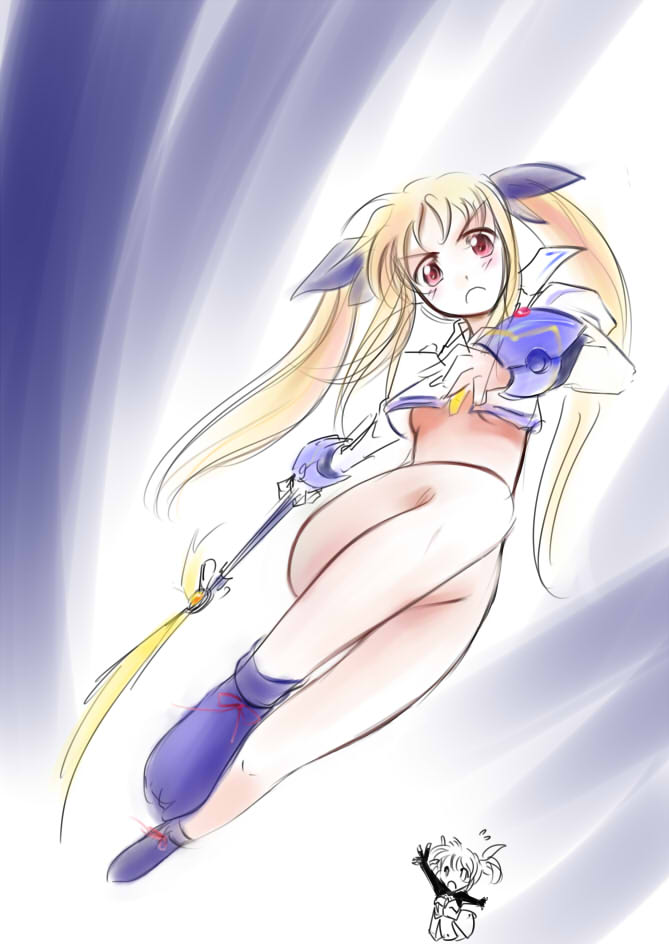 2girls bardiche_(nanoha) bardiche_(scythe_form)_(nanoha) blonde_hair bottomless breasts fate_testarossa jason_(kaiten_kussaku_kikou) long_hair looking_at_viewer lyrical_nanoha mahou_shoujo_lyrical_nanoha mahou_shoujo_lyrical_nanoha_a&#039;s multiple_girls red_eyes small_breasts takamachi_nanoha underboob