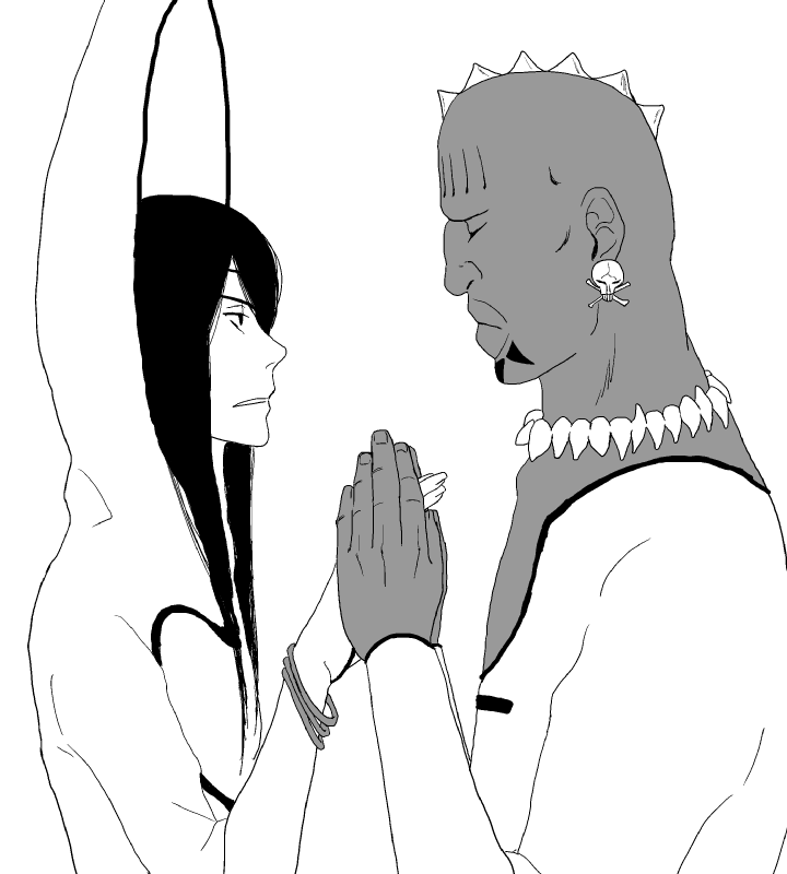 2boys arrancar bleach dark_skin holding_hands kaier_allgemeine monochrome multiple_boys nnoitra_gilga outline pixiv_sample sketch yaoi zommari_rureaux