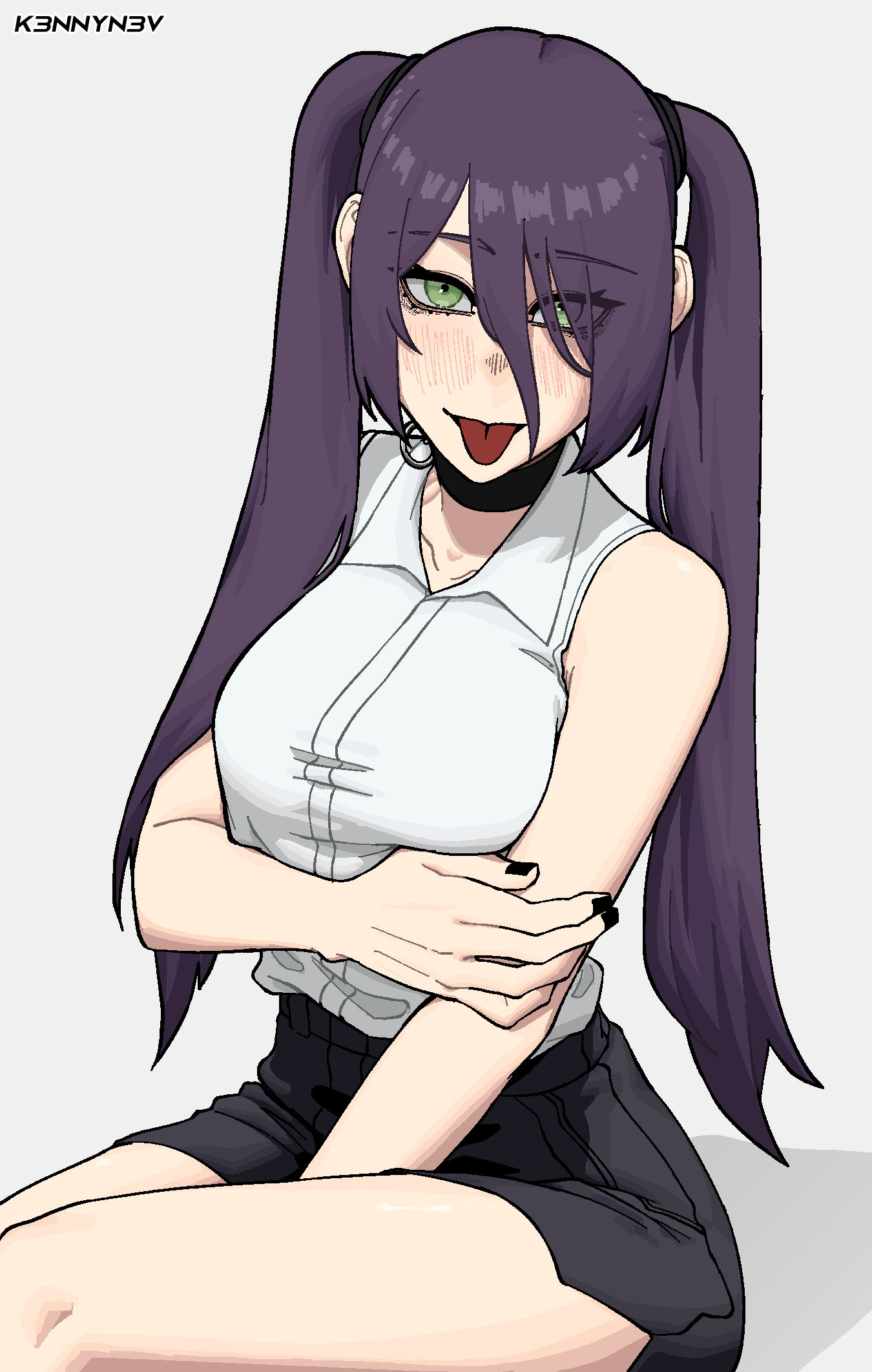1girl alternate_hairstyle artist_name black_choker black_nails black_shorts blush chainsaw_man choker collared_shirt eyes_visible_through_hair green_eyes grenade_pin hair_between_eyes hand_on_own_arm highres k3nnyn3v long_hair looking_at_viewer nail_polish purple_hair reze_(chainsaw_man) sharp_teeth shirt shirt_tucked_in shorts simple_background sitting sleeveless sleeveless_shirt solo teeth twintails white_background white_shirt