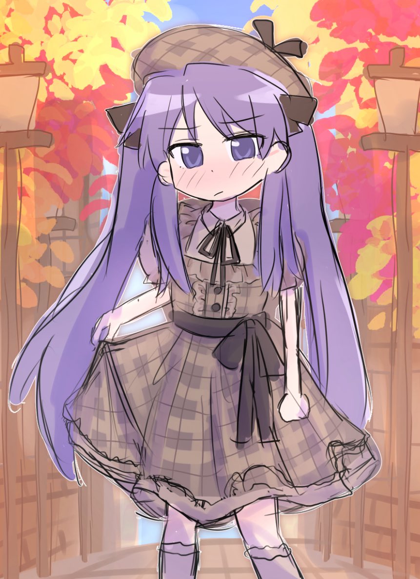 1girl autumn_leaves beret black_bow blush bow brown_dress brown_hat brown_ribbon dress gingham_dress hair_bow hand_on_skirt hat hiiragi_kagami leaf long_hair looking_at_viewer lucky_star purple_eyes purple_hair ribbon tsurime twintails unfinished yrnx1q