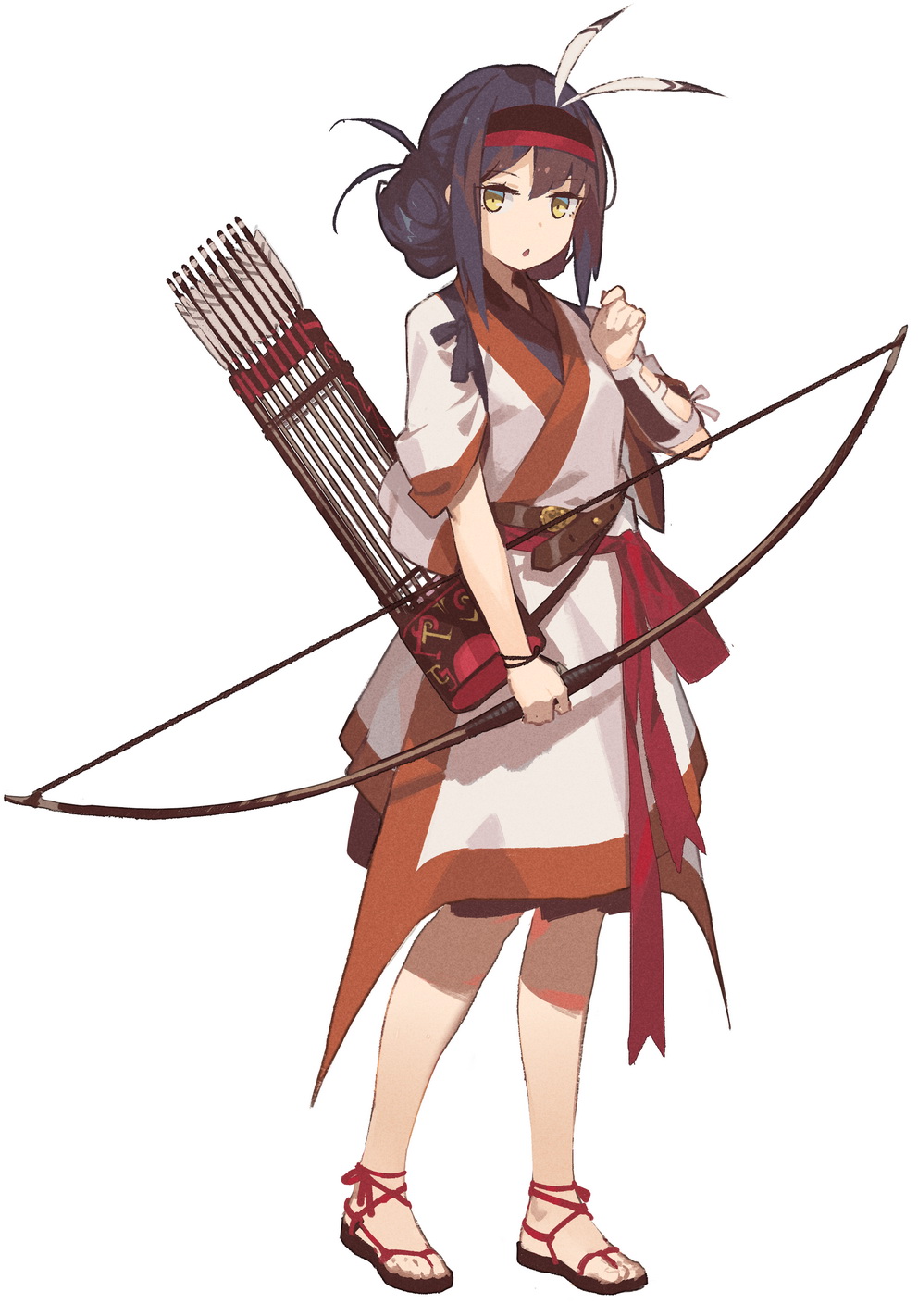 black_hair bow_(weapon) chinese_clothes chinese_empire fangdan_runiu feather_hair_ornament feathers fold-over_collar full_body hair_ornament han_dynasty hanfu headband highres original red_sandals sandals weapon white_background yellow_eyes