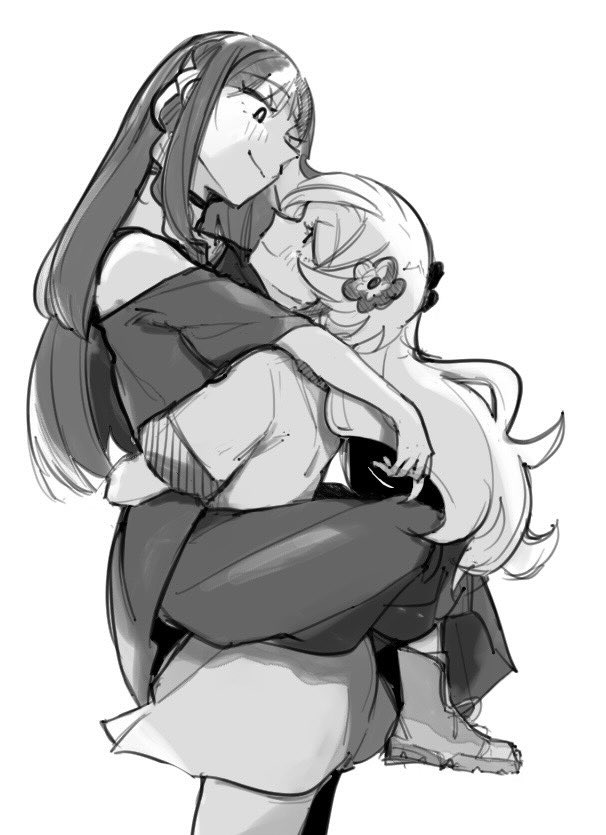 2girls bad_id bad_twitter_id boots braid carrying carrying_person choker closed_mouth commentary_request cowboy_shot dress eye_contact flower greyscale hair_flower hair_ornament harusaruhi hug isekaijoucho isozaki_(iso_zaki54) kamitsubaki_studio leg_lock long_hair looking_at_another monochrome multiple_girls shirt short_sleeves simple_background single_bare_shoulder single_off_shoulder sketch smile standing_leg_lock virtual_youtuber wavy_hair yuri