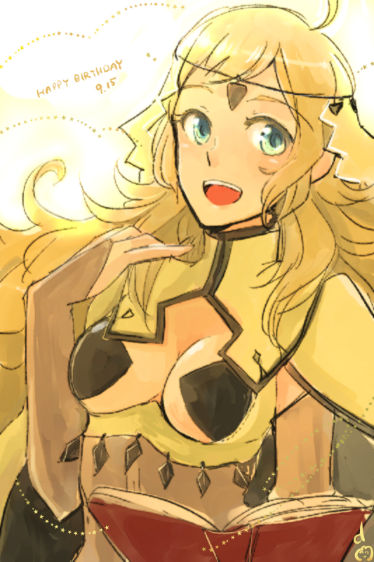 1girl ahoge blonde_hair blue_eyes book breasts circlet cleavage donkuma_kakusei fire_emblem fire_emblem_fates holding holding_book large_breasts nintendo open_mouth ophelia_(fire_emblem) teeth turtleneck upper_teeth_only