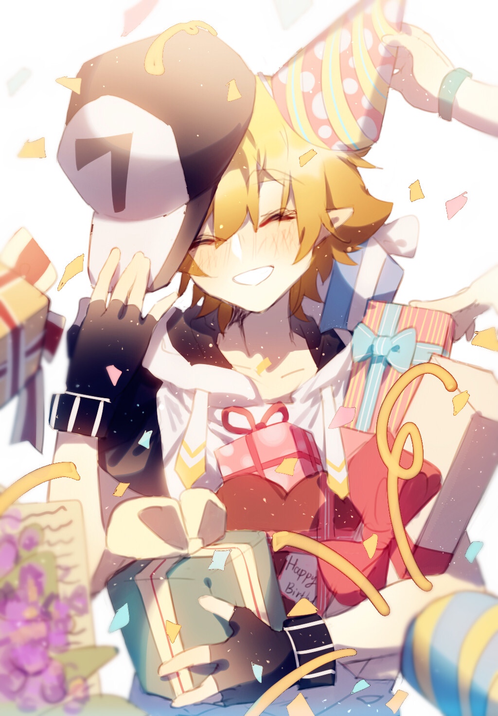 137058648 1boy 3others adjusting_clothes adjusting_headwear aotu_world birthday black_gloves black_hat blonde_hair blush box chinese_commentary closed_eyes confetti drawstring facing_viewer fingerless_gloves flower gift gift_box gloves grin happy_birthday hat highres holding holding_box holding_gift hood hood_down hoodie king_(aotu_world) light_particles male_focus multicolored_hat multicolored_hoodie multiple_others party_hat pointy_ears short_hair smile solo_focus streamers white_background white_hoodie