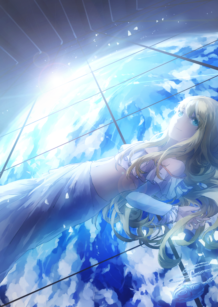 10s 1girl aldnoah.zero amulet asseylum_vers_allusia bad_id bad_pixiv_id blonde_hair blue_eyes cloud crop_top domik dress earth_(planet) female_focus horizon jewelry light_rays light_smile long_hair looking_at_viewer lying midriff necklace ocean on_back pendant planet solo space sunbeam sunlight sunrise white_dress