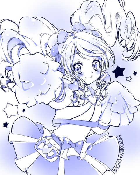 10s 1girl blue_theme bow brooch cowboy_shot cure_honey cure_honey_(popcorn_cheer) earrings female_focus happinesscharge_precure! heart heart_brooch heart_earrings jewelry long_hair looking_at_viewer magical_girl monochrome oomori_yuuko pom_pom_(cheerleading) precure skirt smile solo star_(symbol) twintails uzuki_aki waist_bow