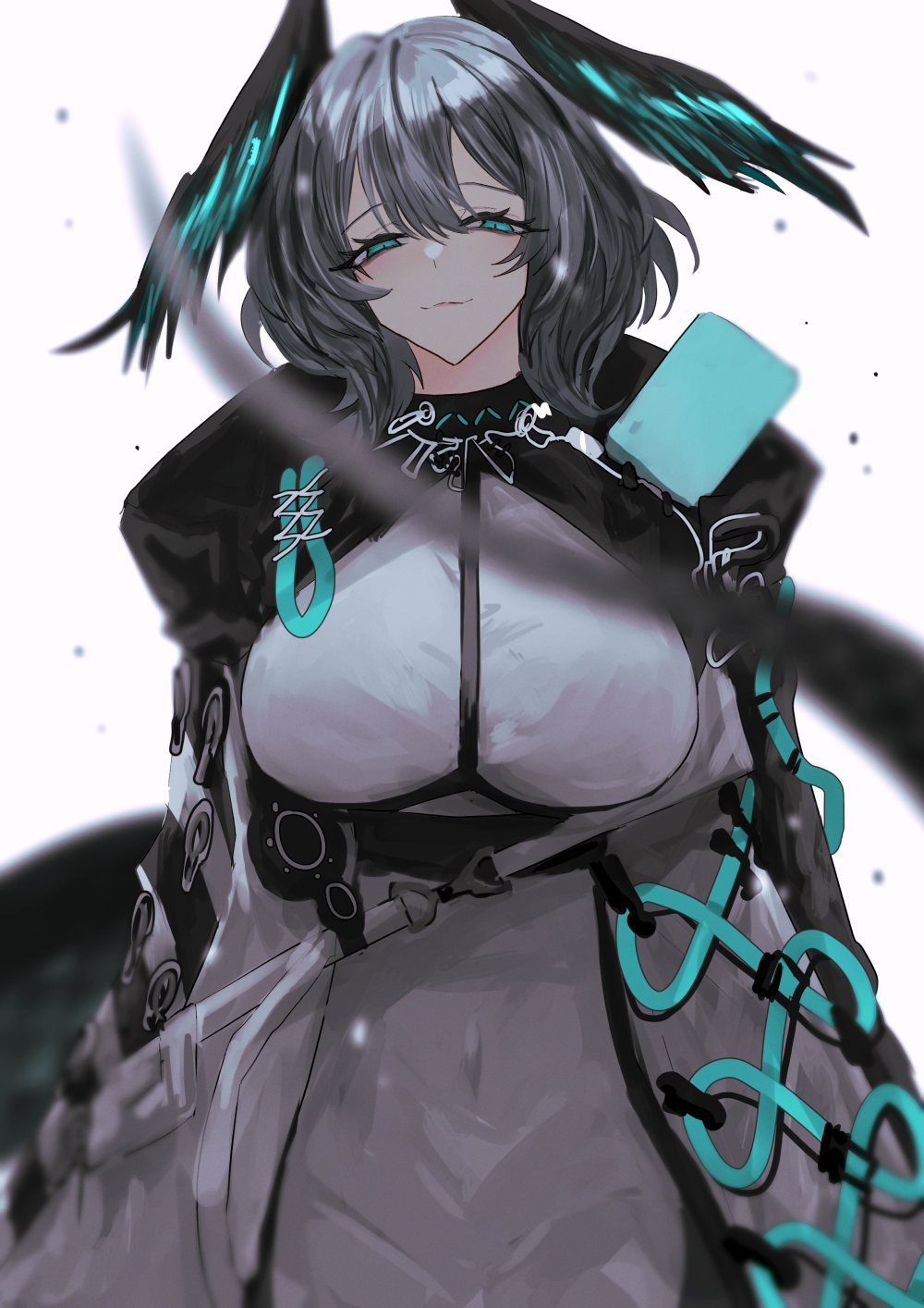 1girl aqua_eyes arknights breasts feathered_wings grey_hair head_wings highres ho&#039;olheyak_(arknights) iwashi_80 jacket large_breasts looking_at_viewer medium_hair open_clothes open_jacket simple_background smile solo tail white_background wings
