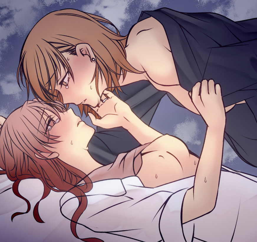 2girls alternate_costume alternate_hairstyle arm_support blue_jacket blush breasts breasts_out brown_eyes brown_hair commentary_request earrings eye_contact hand_on_another&#039;s_cheek hand_on_another&#039;s_face higashizukihi_sei jacket jewelry long_hair looking_at_another lying medium_breasts medium_hair misaka_mikoto multiple_girls nipples off_shoulder on_back open_clothes ring shirai_kuroko shirt short_sleeves small_breasts sweat tears toaru_kagaku_no_railgun toaru_majutsu_no_index upper_body white_shirt yuri