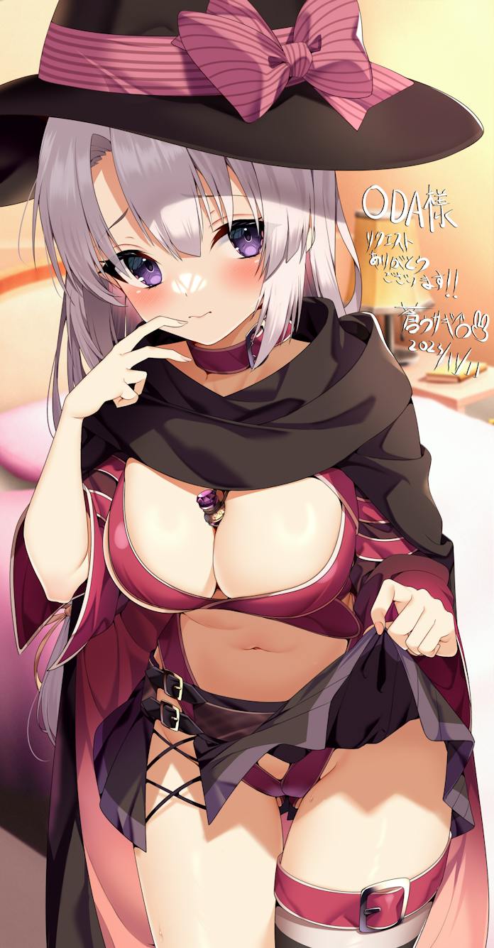 1girl 2023 3: ayachi_nene belt belt_bra belt_collar black_cloak black_hat black_skirt blunt_ends blurry blurry_background blush bow breasts cleavage cloak closed_mouth clothes_lift collar commentary_request commission cowboy_shot dated embarrassed eyelashes eyes_visible_through_hair frown grey_hair hair_between_eyes hand_up hat hat_bow highres hip_vent indoors jun_(aousa0328) large_breasts lifting_own_clothes long_hair long_sleeves looking_at_viewer miniskirt navel pink_belt pink_bow pleated_skirt presenting purple_eyes sanoba_witch sidelocks skeb_commission skirt skirt_lift solo thigh_gap very_long_hair wide_sleeves witch_hat