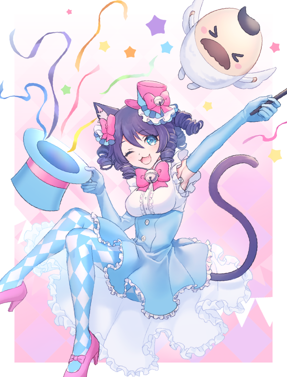 1boy 1girl animal_ears arisugawa_maple blue_eyes blue_leggings blue_skirt cat_ears cat_girl cat_tail cyan_(show_by_rock!!) frilled_sleeves frills highres leggings looking_at_viewer mel6969 multicolored_leggings one_eye_closed purple_hair shirt short_hair short_sleeves show_by_rock!! skirt tail wavy_hair white_leggings white_shirt