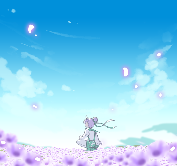 1girl blue_sky cloud day fiona_(xenoblade) green_shorts hair_bun hair_ribbon horizon meadow mitsudomoe_(shape) mizuki_riko outdoors pantyhose petals purple_hair ribbon shorts sky solo squatting tomoe_(symbol) white_pantyhose wind xenoblade_chronicles_(series) xenoblade_chronicles_3