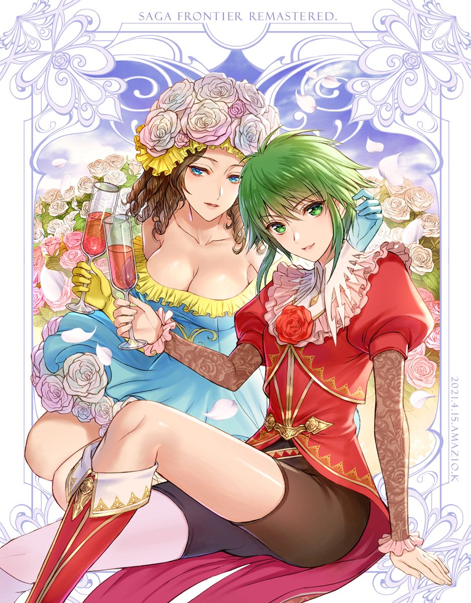 2girls amazio_komeko asellus_(saga_frontier) blue_eyes breasts brown_hair cleavage curly_hair dress elbow_gloves flower gloves green_eyes green_hair hair_flower hair_ornament highres long_hair looking_at_viewer multiple_girls princess_white_rose red_flower red_rose rose saga saga_frontier short_hair smile