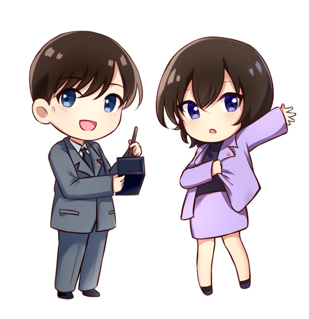 1boy 1girl :d :o black_necktie black_shoes black_shorts black_sweater blue_eyes brown_hair chinese_commentary collared_shirt commentary_request deformed double-parted_bangs dress_shirt dressing formal_clothes grey_jacket grey_pants grey_suit hair_between_eyes holding holding_pencil jacket long_sleeves looking_at_viewer medium_skirt meitantei_conan necktie open_clothes open_jacket open_mouth pants pencil pencil_skirt pocket purple_eyes purple_jacket purple_suit sankin_(_sankin510) satou_miwako shirt shoes short_hair shorts skirt skirt_suit smile standing suit sweater swept_bangs takagi_wataru_(meitantei_conan) white_shirt