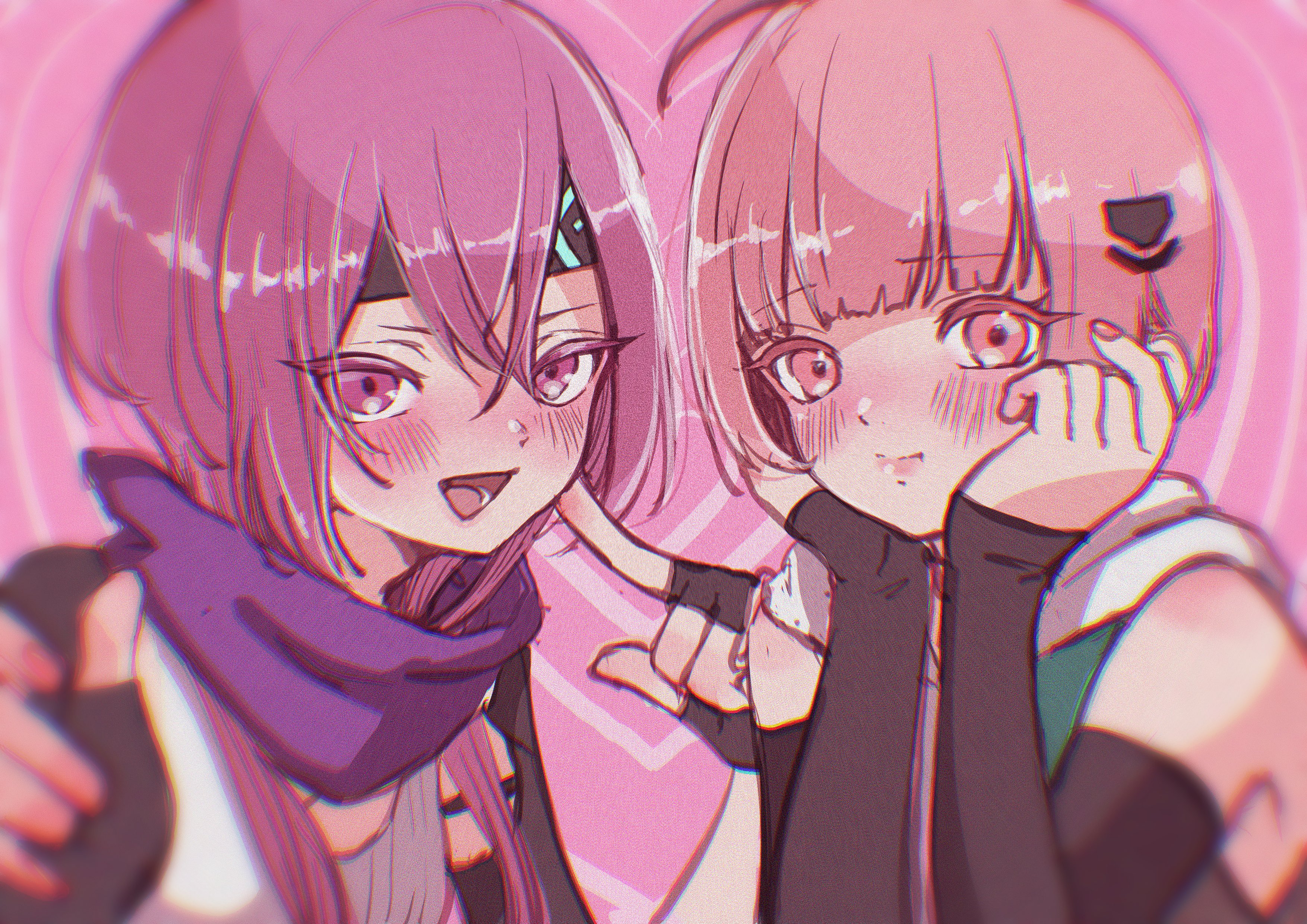 2girls absurdres ahoge gloves heaven_burns_red highres leia_1213 long_hair matsuoka_chiroru multiple_girls ooshima_minori pink_hair red_eyes red_hair scarf short_hair shorts