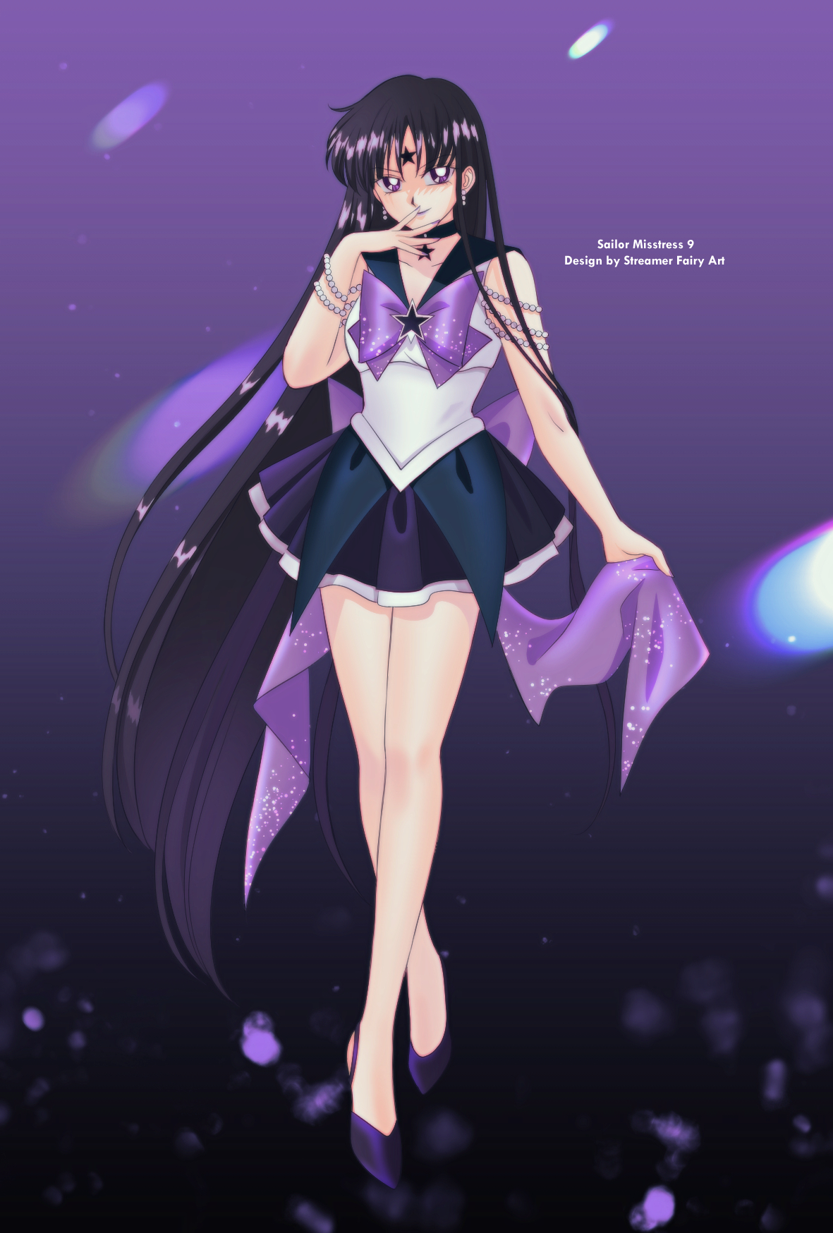 adapted_costume aged_up bishoujo_senshi_sailor_moon bishoujo_senshi_sailor_moon_s black_hair black_sailor_collar breasts choker crystal_earrings dark_persona earrings facial_mark forehead_mark highres jewelry koya lipstick long_hair looking_at_viewer makeup medium_breasts mistress_9 pink_hair pink_sailor_collar purple_background purple_footwear purple_lips sailor_collar sailor_saturn sailor_senshi_uniform smile star_(symbol) star_choker star_facial_mark tomoe_hotaru very_long_hair