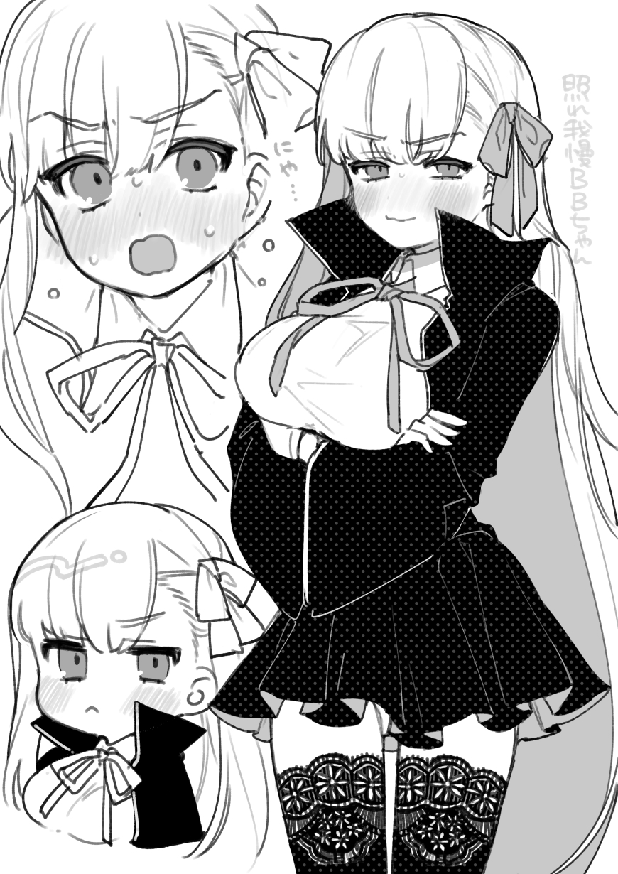 1girl :&lt; arms_under_breasts bb_(fate) bb_(fate/extra) blush breasts commentary_request cowboy_shot crossed_arms fate/extra fate_(series) greyscale hair_ribbon highres karokuchitose long_hair long_sleeves looking_at_viewer monochrome multiple_views neck_ribbon nose_blush open_mouth pleated_skirt popped_collar ribbon simple_background skirt sweat thighhighs translation_request very_long_hair white_background