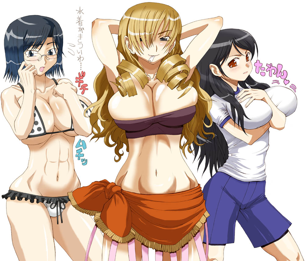 3girls a_certain_high_school_gym_uniform abs arm_between_breasts arm_under_breasts armpits arms_behind_head arms_up bare_arms bare_shoulders between_breasts bikini black_hair blue_shorts breasts brown_eyes brown_tube_top bursting_breasts cleavage closed_mouth commentary cowboy_shot drill_hair frilled_bikini frills fukiyose_seiri glasses gorigori222 grey_eyes gym_shirt gym_shorts gym_uniform hair_over_one_eye hands_up konori_mii large_breasts light_blush light_brown_hair linea_alba long_bangs long_hair looking_at_viewer medium_hair midriff multiple_girls navel open_mouth oriana_thomason polka_dot polka_dot_bikini rimless_eyewear sarong shirt short_sleeves shorts sidelocks simple_background smile stomach strapless swimsuit toaru_kagaku_no_railgun toaru_majutsu_no_index toaru_majutsu_no_index:_old_testament toned toned_female translation_request tube_top white_background white_bikini white_shirt