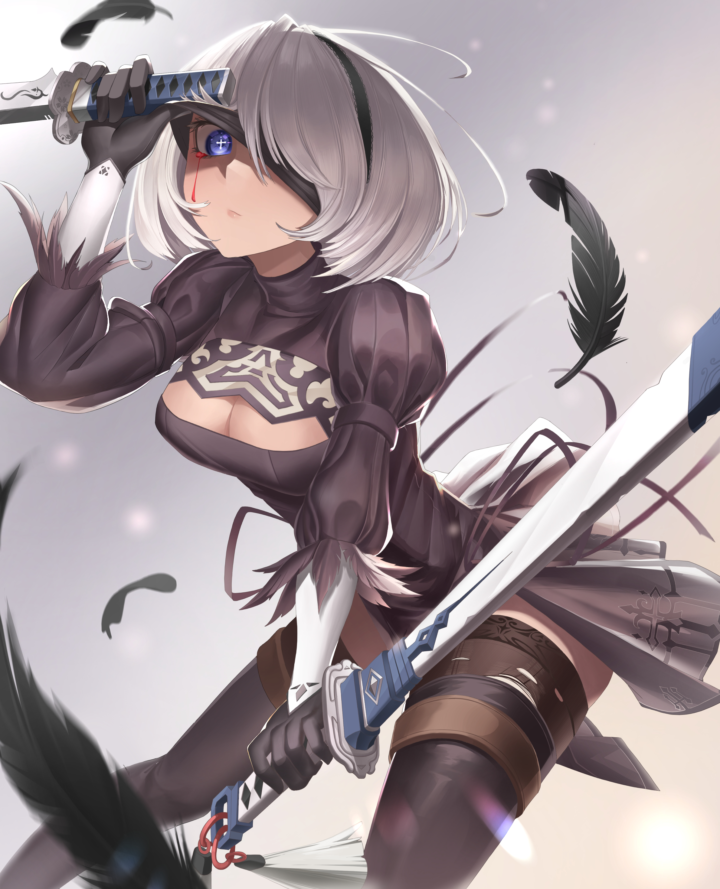 1girl 2b_(nier:automata) absurdres bandage_over_one_eye black_thighhighs breasts cleavage feathers hairband highres holding holding_sword holding_weapon looking_at_viewer medium_breasts nier:automata nier_(series) pang-yo short_hair solo sword thighhighs weapon white_hair