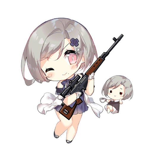 2girls :&gt; =_= bare_legs bare_shoulders black_shoes blue_dress blue_flower blue_ribbon blush blush_stickers brown_dress chibi closed_mouth crossed_legs cup dragunov_svd dress fairy_(girls&#039;_frontline) flower footwear_flower full_body girls&#039;_frontline gloves grey_hair gun hair_flower hair_ornament hand_on_own_cheek hand_on_own_face holding holding_cup holding_gun holding_weapon looking_at_viewer mole mole_under_mouth multiple_girls neck_ribbon off-shoulder_dress off_shoulder official_art one_eye_closed pink_eyes ribbon rifle saru scope shoes short_hair simple_background slit_pupils sniper_fairy_(girls&#039;_frontline) sniper_rifle teacup third-party_source transparent_background weapon white_gloves