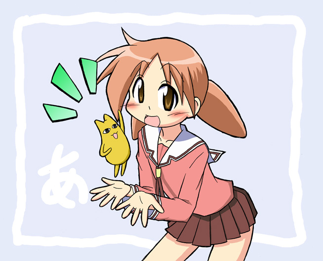 1girl azumanga_daiou blouse blue_background brown_eyes brown_hair child female_focus men_(artist) mihama_chiyo mihama_chiyo&#039;s_father one_eye_closed open_mouth pink_serafuku pink_shirt school_uniform serafuku shirt short_hair simple_background solo twintails wink