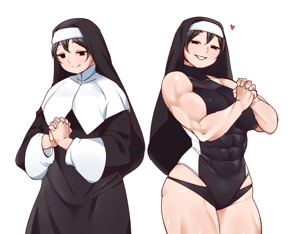 1girl abs baggy_clothes black_hair breasts hanzo_(2929) heart large_breasts leotard looking_at_viewer muscular muscular_female nun original own_hands_clasped own_hands_together praying simple_background smile solo thick_thighs thighs white_background