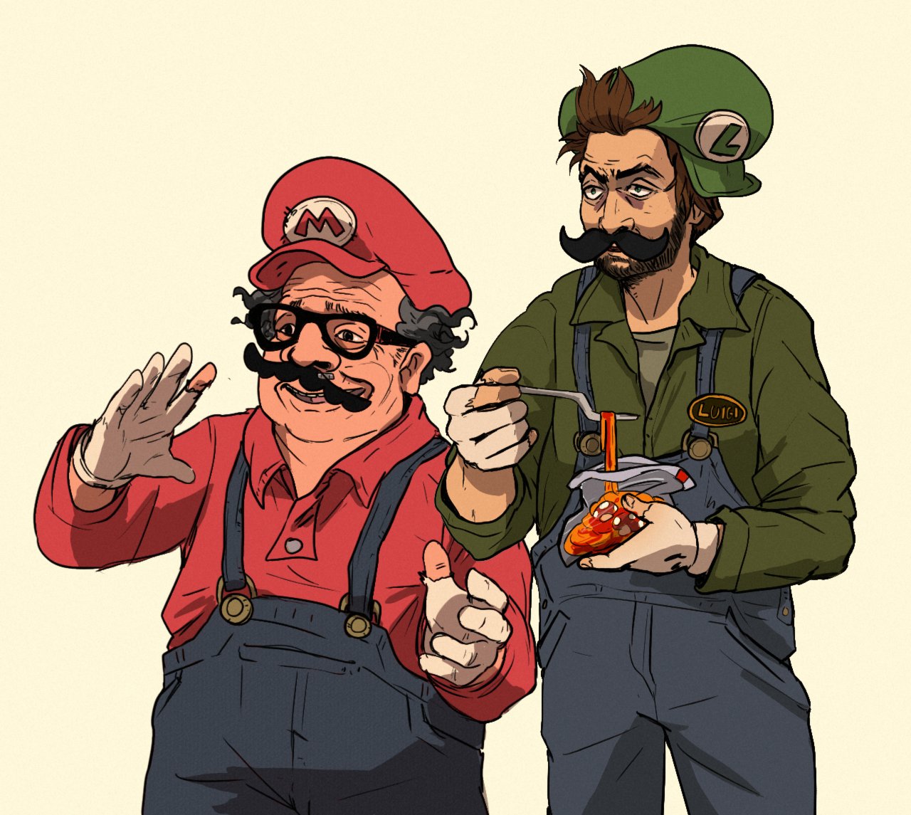 1boy 2boys bag balding beard black-framed_eyewear black_eyes black_hair blue_overalls brown_eyes brown_hair character_name charlie_day charlie_kelly commentary danny_devito english_commentary facial_hair fake_facial_hair fake_mustache fat food forehead fork foxeaf frank_reynolds glasses gloves green_hat green_jacket green_shirt hat holding holding_bag holding_food holding_fork it's_always_sunny_in_philadelphia jacket long_sleeves looking_at_viewer luigi male_focus manly mario_(series) mario_bros. multiple_boys mushroom mustache name_tag nintendo nose old overalls pasta real_life red_hat red_shirt shirt simple_background smile solo spaghetti super_mushroom teeth the_super_mario_bros._movie torn_clothes torn_gloves unmoving_pattern upper_teeth_only voice_actor_connection yellow_background
