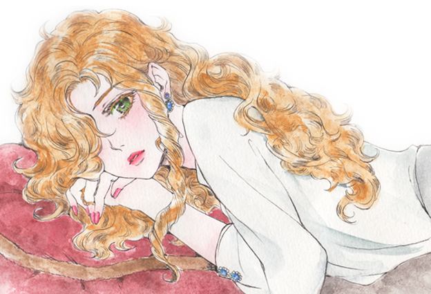 1boy androgynous blonde_hair blouse colored_eyelashes curly_hair drill_hair earrings green_eyes hair_over_one_eye jewelry long_hair looking_at_viewer lying male_focus maraich_juschenfe marker_(medium) nail_polish on_stomach pale_skin parted_lips patalliro! pillow red_lips shirt solo tomoko_(pixiv2144514) traditional_media trap white_shirt