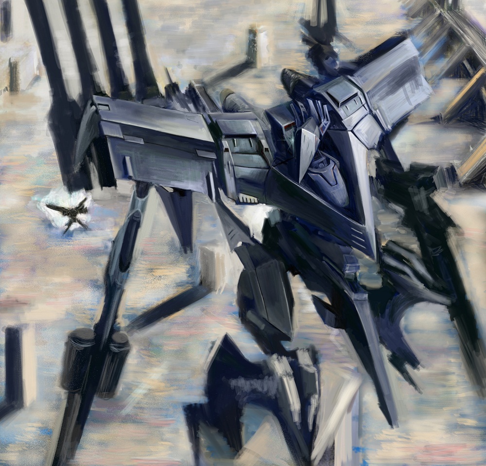 armor armored_core armored_core:_for_answer blue_armor commentary_request dual_wielding fromsoftware gun holding holding_weapon humanoid_robot mecha no_humans robot science_fiction shoulder_cannon stasis thrusters type-lahire weapon white_glint yakintea