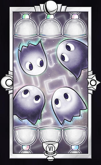 black_border blinky_(pac-man) border card_(medium) chalice clyde_(pac-man) commentary crescent cup english_commentary ghost inky_(pac-man) limited_palette looking_at_another maze motion_lines nintendo no_humans pac-man_(game) pinky_(pac-man) quas-quas roman_numeral smash_ball star_(symbol) super_smash_bros. tarot tarot_(medium) upside-down