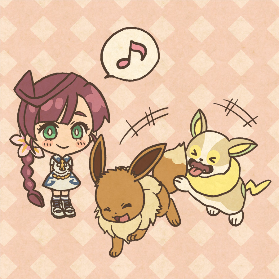 &gt;_&lt; 1girl blush blush_stickers braid bright_pupils chibi chloe_(pokemon) closed_eyes commentary_request dog dress eevee eighth_note eyelashes fangs gen_1_pokemon gen_8_pokemon green_eyes long_hair mojacookie musical_note nintendo official_art open_mouth pokemon pokemon_(anime) pokemon_journeys red_hair second-party_source shoes short_sleeves single_braid smile speech_bubble spoken_musical_note tongue tongue_out white_dress white_pupils white_shoes yamper