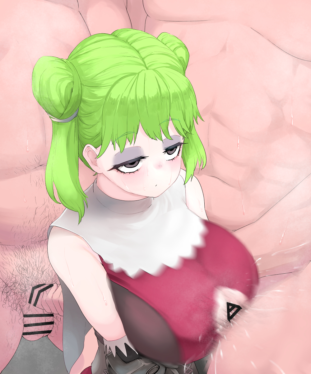 1girl 3boys bar_censor black_eyes breasts censored clothed_female_nude_male clothed_sex clothes erection green_hair group_sex highres large_breasts long_hair looking_at_viewer male_pubic_hair medium_hair multiple_boys nude paizuri paizuri_under_clothes penis penis_grab pt pubic_hair simple_background tatiana_(unicorn_overlord) testicles unicorn_overlord
