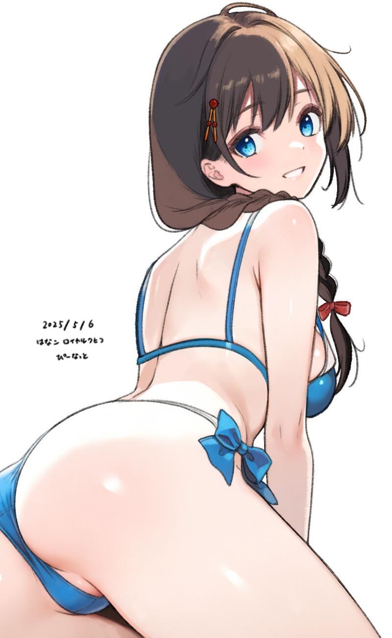1girl ahoge ass back bare_arms bikini blue_bikini blue_eyes braid breasts brown_hair commentary_request dated grin hair_between_eyes hair_ornament hair_over_shoulder hanako_(peanut) highres kantai_collection long_hair looking_at_viewer medium_breasts official_alternate_costume one-hour_drawing_challenge partially_visible_vulva shigure_(kancolle) shigure_kai_san_(kancolle) shigure_kai_san_(swimsuit)_(kancolle) smile solo swimsuit thighs