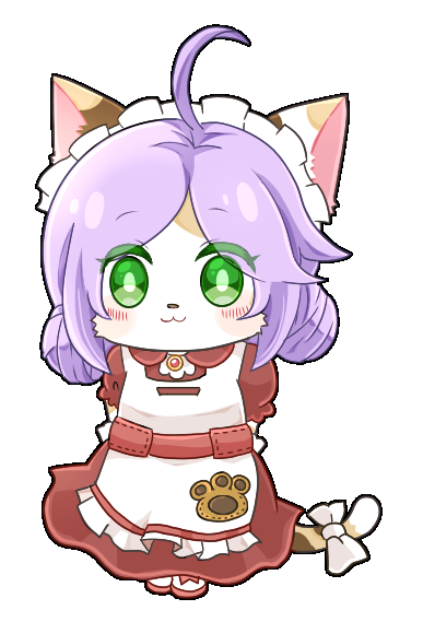1girl :3 ahoge animal_ears apron arms_behind_back blush bow brown_dress caprese_(ragnarok_online) cat_ears cat_girl closed_mouth commentary_request double_bun dress frilled_apron frills full_body green_eyes hair_bun kafra_uniform looking_at_viewer maid maid_headdress pochiko_(poteko) puffy_short_sleeves puffy_sleeves purple_hair ragnarok_online short_sleeves simple_background smile solo standing tail tail_bow tail_ornament transparent_background white_apron white_bow