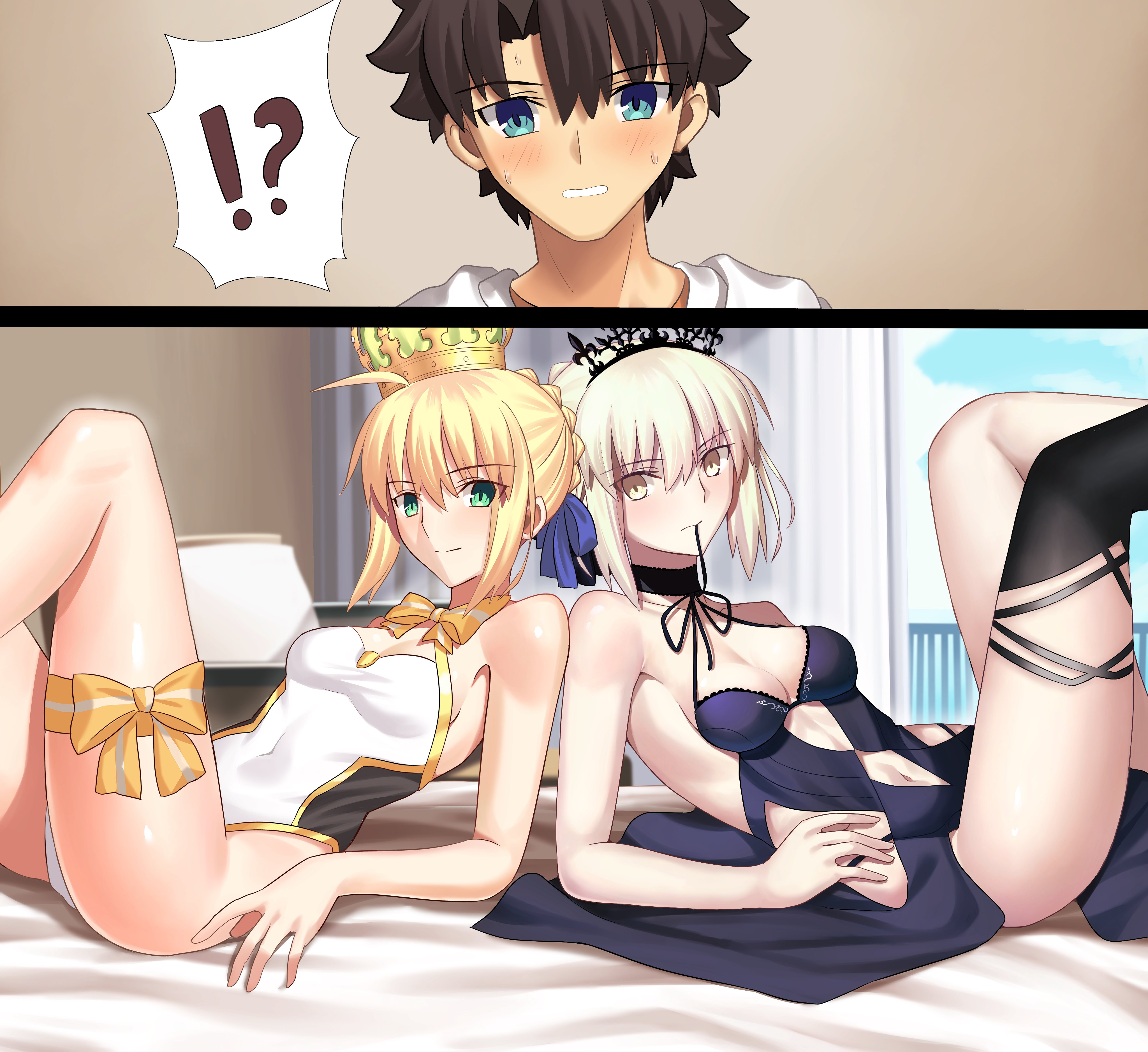 !? 1boy 2girls absurdres ahoge artoria_pendragon_(fate) artoria_pendragon_alter_(swimsuit_rider)_(fate) bed blonde_hair blue_eyes blush breasts cloud cloudy_sky crown fate/grand_order fate_(series) fujimaru_ritsuka_(male) hair_bun highres longdq3008 multiple_girls on_bed ribbon short_hair sky sweatdrop swimsuit tagme yellow_eyes