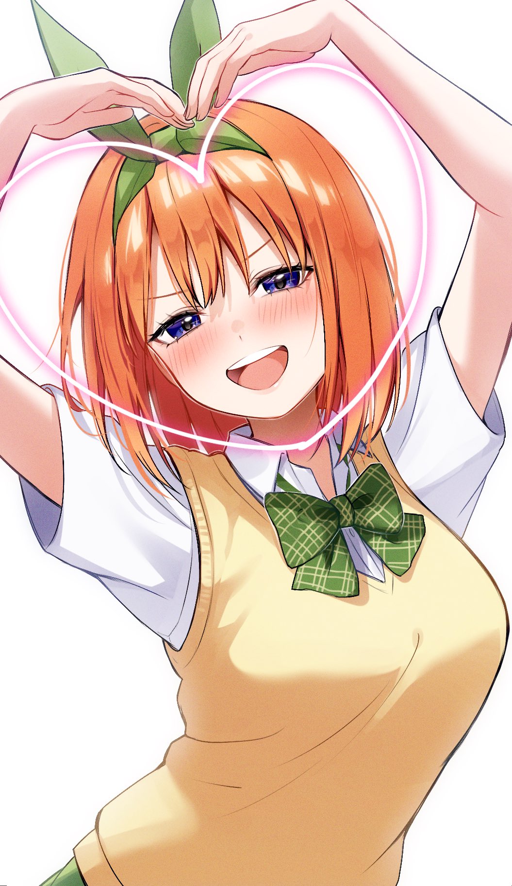 1girl :d blue_eyes bow bowtie go-toubun_no_hanayome green_ribbon hair_ribbon heart_arms highres kurosaki_coco looking_at_viewer medium_hair nakano_yotsuba open_mouth orange_hair plaid_bow plaid_bowtie plaid_clothes ribbon school_uniform shirt short_sleeves smile solo sweater_vest teeth upper_teeth_only white_shirt yellow_sweater_vest