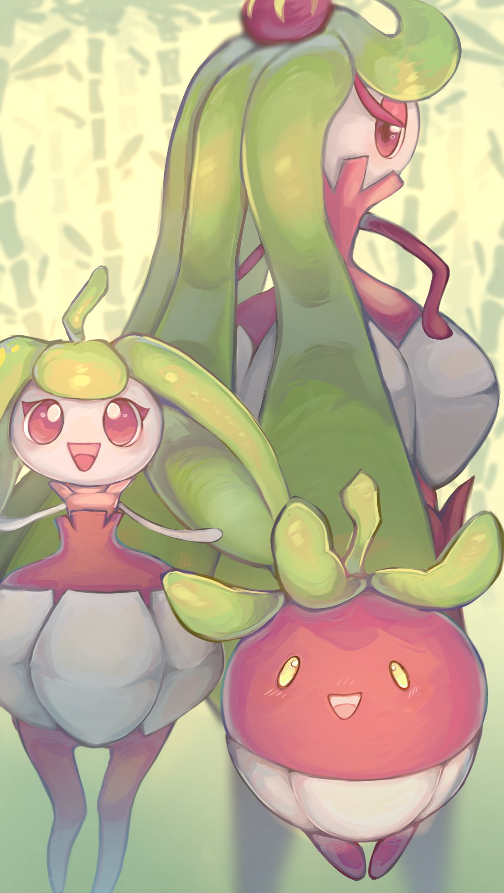 :d bounsweet colored_skin evolutionary_line game_freak gen_7_pokemon green_hair highres long_hair looking_at_viewer looking_back monster_girl nintendo open_mouth pink_eyes pink_skin plant_girl pokemon pokemon_(creature) pokemon_focus seissnd smile steenee tsareena white_skin