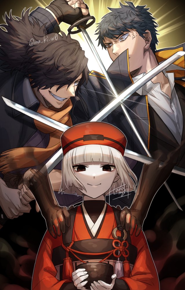 1girl 2boys anger_vein beard_stubble black_eyes black_jacket blank_eyes blue_hair blunt_bangs blunt_ends brown_scarf cup dual_wielding eye_contact facial_hair fate/grand_order fate_(series) fighting glint grey_hakama grin hair_over_one_eye hakama haori hat holding holding_cup holding_sword holding_weapon jacket japanese_clothes kamuinii katana kimono long_hair looking_at_another low_ponytail multiple_boys okada_izou_(fate) open_clothes open_jacket orange_jacket pale_skin ponytail red_hat red_kimono saitou_hajime_(fate) scarf sen_no_rikyu_(fate) sen_no_rikyu_(first_ascension)_(fate) shirt short_hair signature smile stubble sword twitter_username two-sided_fabric two-sided_jacket weapon white_hair white_shirt