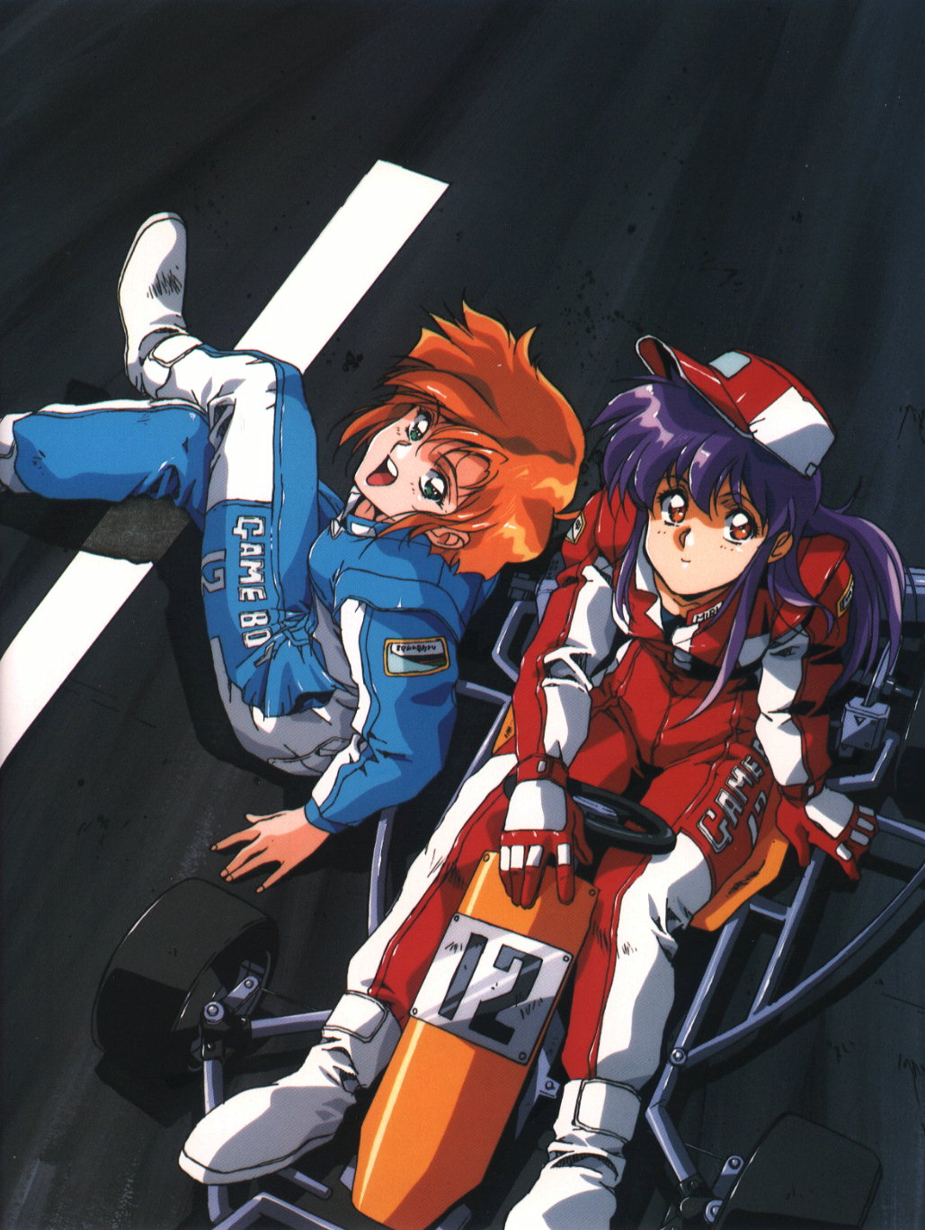 2girls female_focus gloves go-kart hat highres kart multiple_girls racing_suit urushihara_satoshi